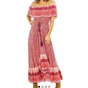 Nightcap Clothing Samba Gown Sunrise Print Red Pink Smocked Waist Tassel Size 2